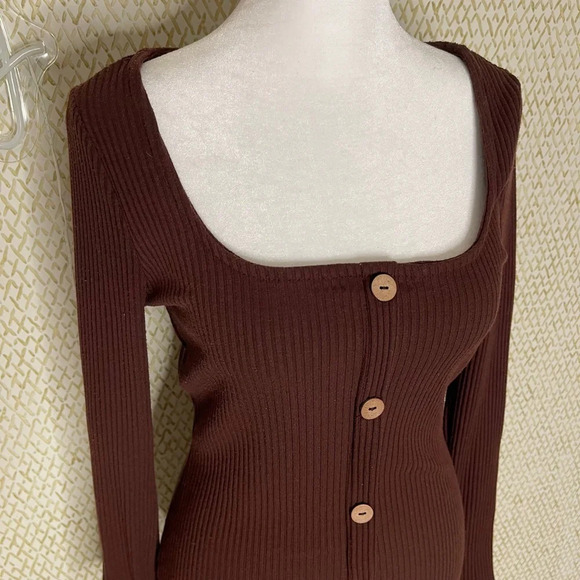 Dark Brown Button Down Bodycon Ribbed Sweater Dress Iris Boutique Brand Size L - Picture 2 of 8